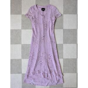 Vintage 90s lavender floral V neck layered flounce midi dress